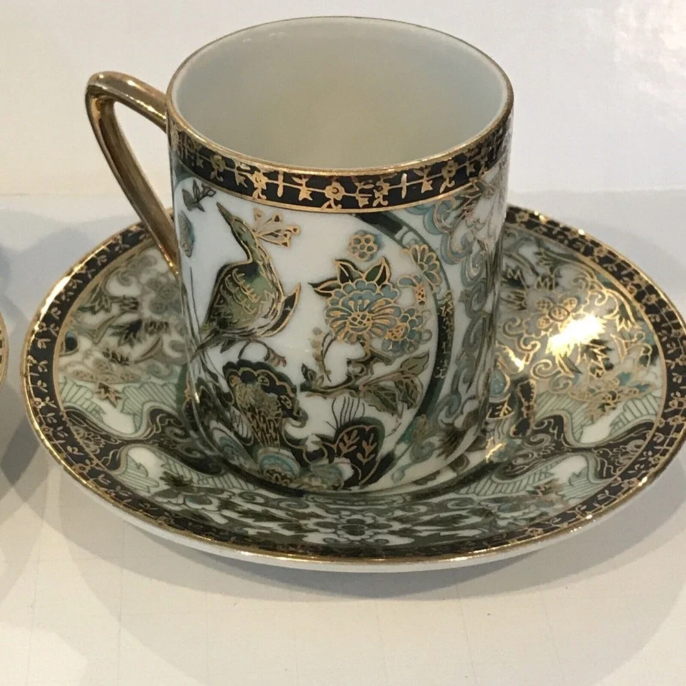 Lot of 2 Vintage‎ Porcelain Japanese Green and Gold Peacock Demitasse Tea Cups